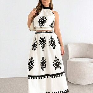 SHEIN White Maxi Halter Crop Set with Black Embroidered Motifs